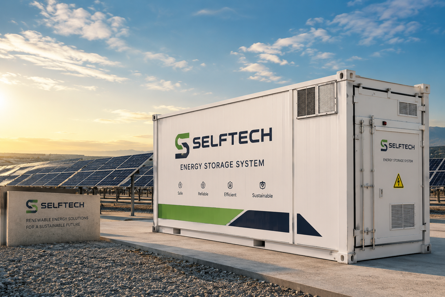 Energy storage container with SME-scale solar panels in background